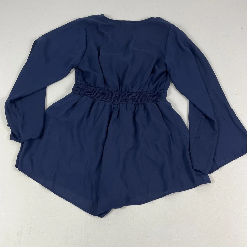 Altar'd State Romper Womens Medium Blue Chiffon Long Sleeve V-Neck Elastic Waist
